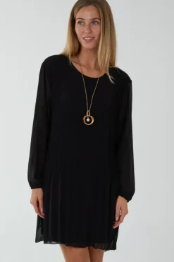 Long Sleeeve Pleated Shift Dress