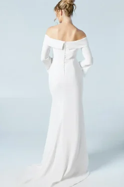 Long Sleeve Bardot Crepe Maxi Wedding Dress