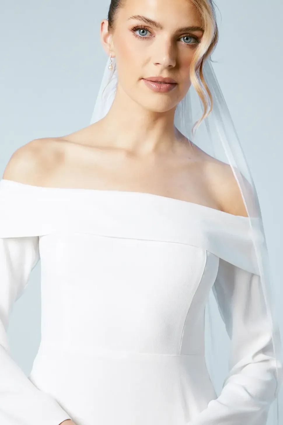 Long Sleeve Bardot Crepe Maxi Wedding Dress