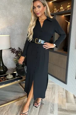 Long Sleeve Belted Shirt Midi Dress