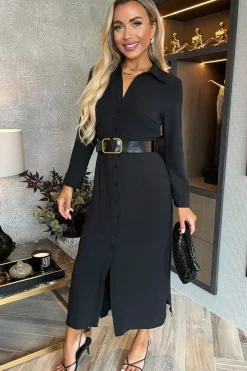 Long Sleeve Belted Shirt Midi Dress