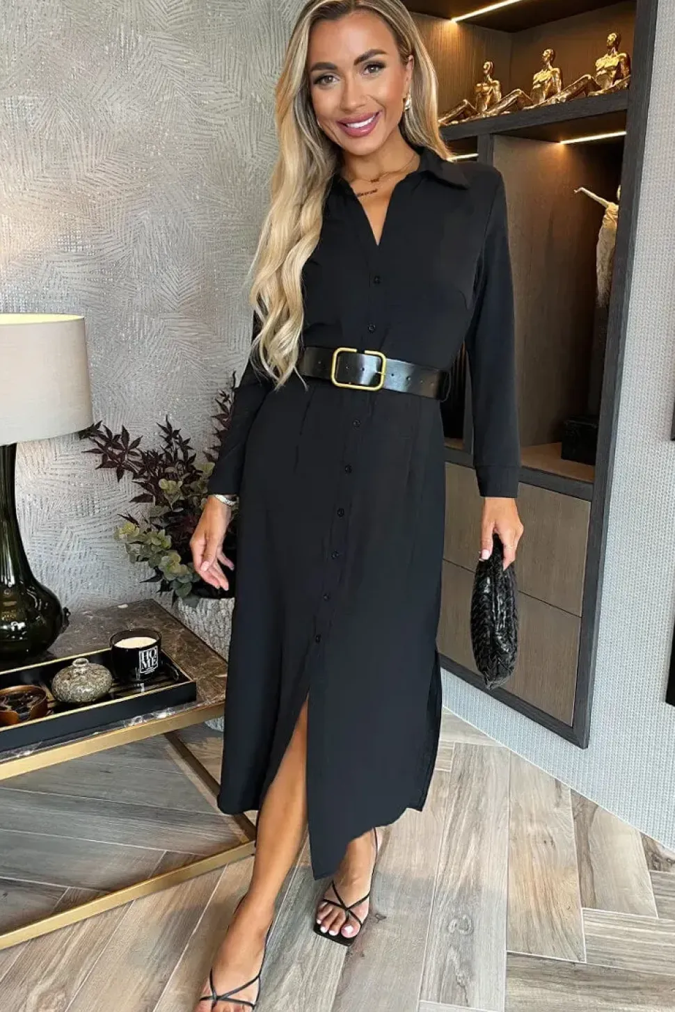 Long Sleeve Belted Shirt Midi Dress