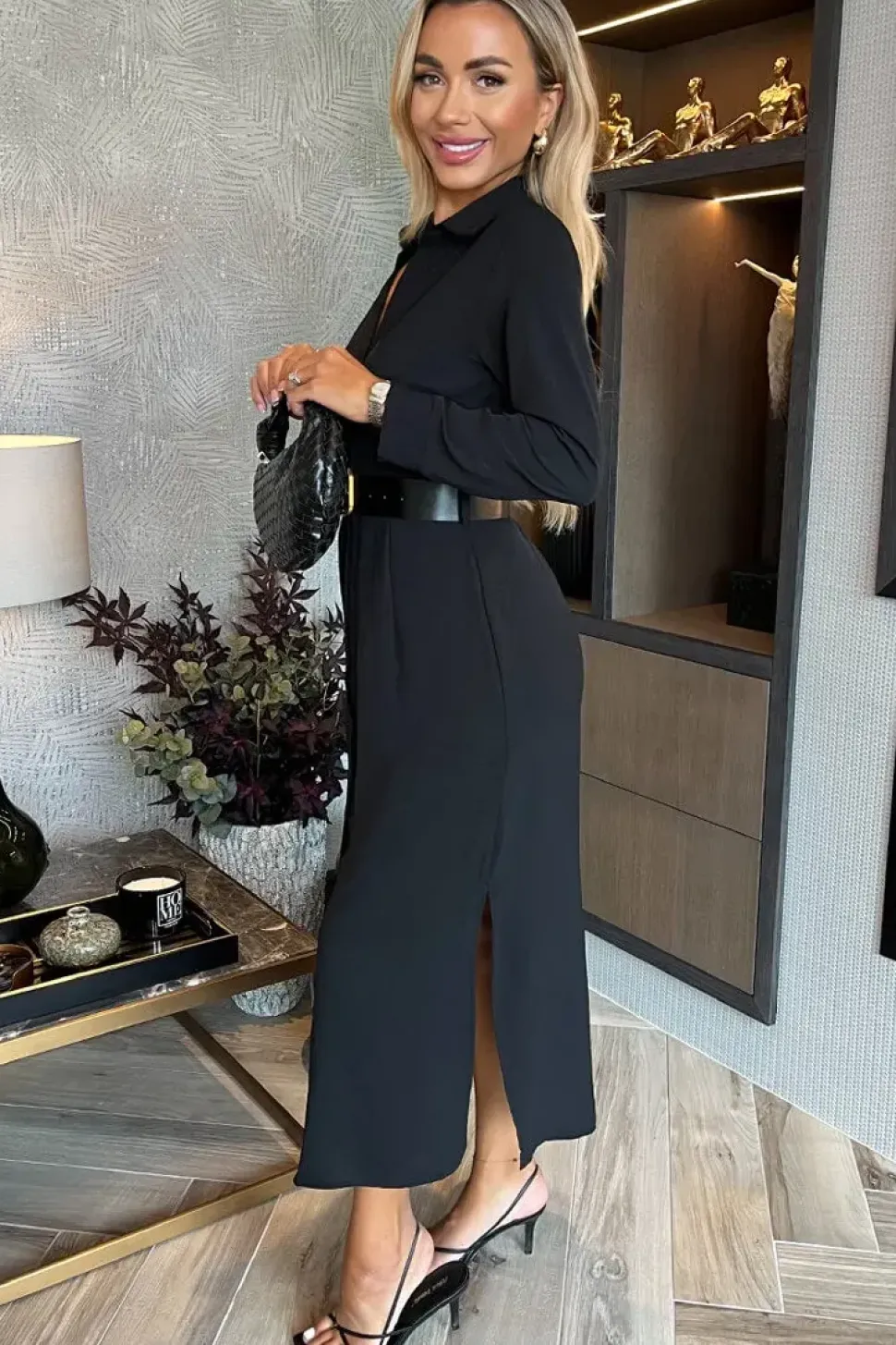Long Sleeve Belted Shirt Midi Dress