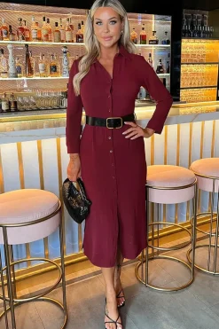 Long Sleeve Belted Shirt Midi Dress