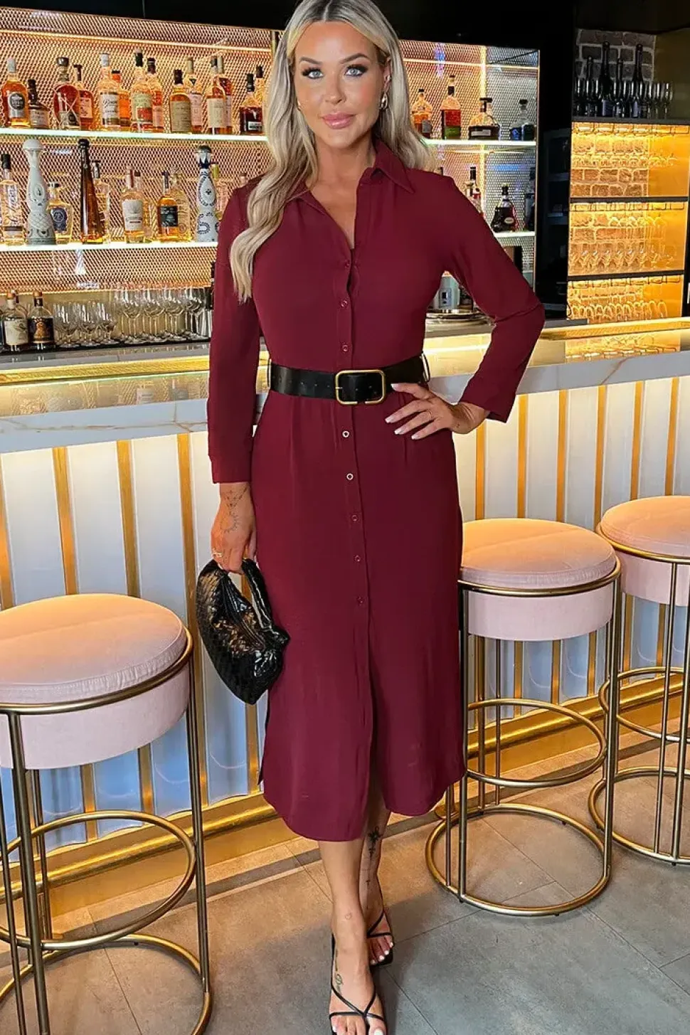 Long Sleeve Belted Shirt Midi Dress