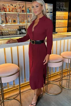 Long Sleeve Belted Shirt Midi Dress