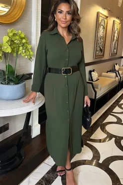 Long Sleeve Belted Shirt Midi Dress