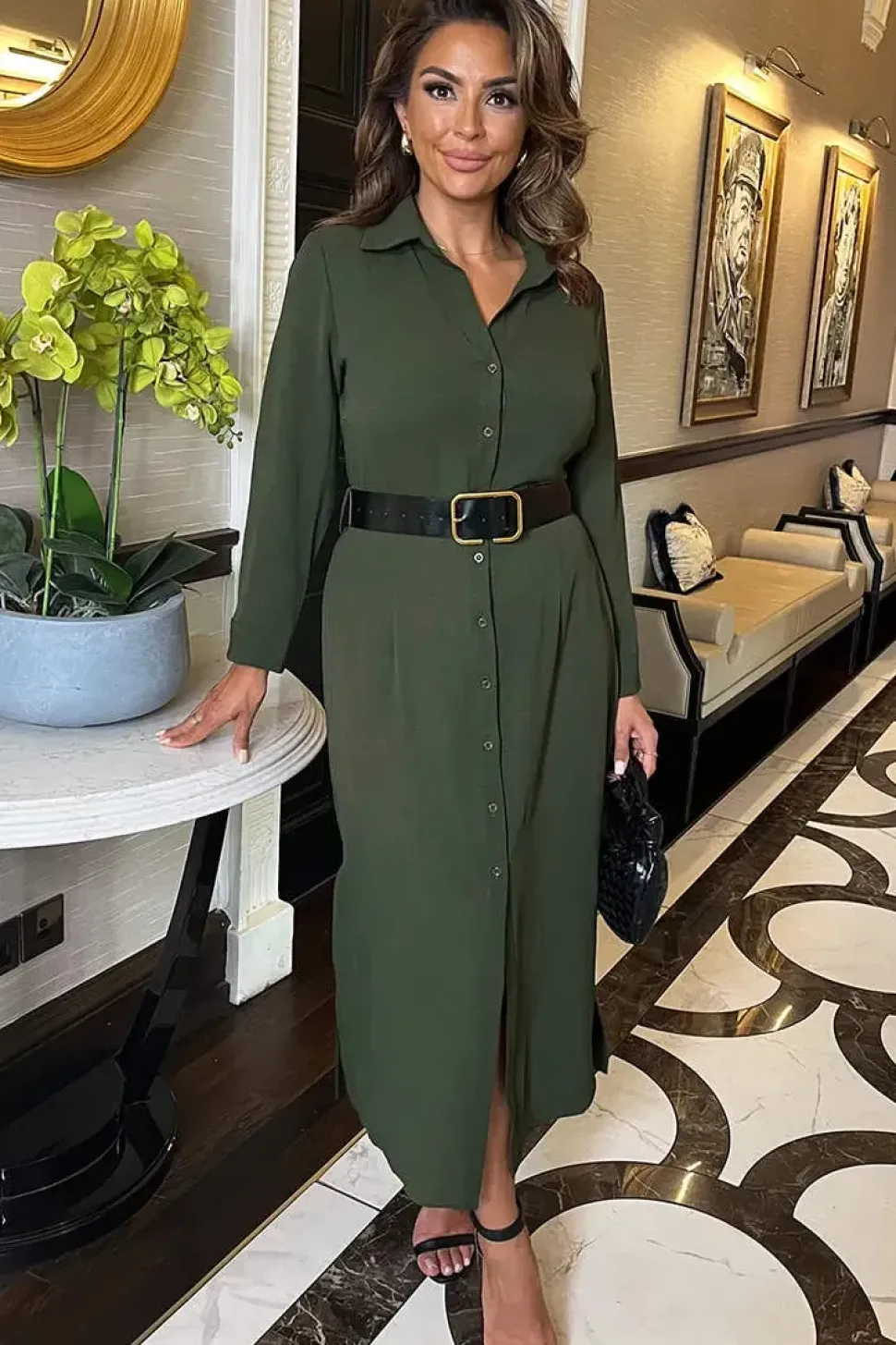 Long Sleeve Belted Shirt Midi Dress
