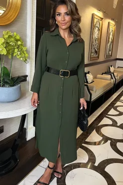 Long Sleeve Belted Shirt Midi Dress