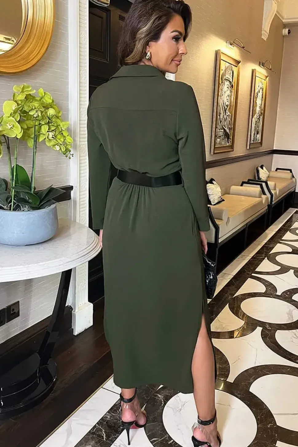 Long Sleeve Belted Shirt Midi Dress