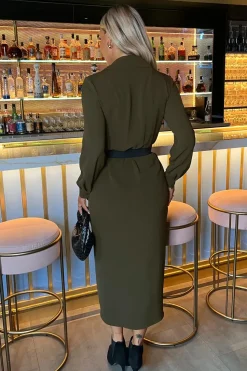 Long Sleeve Belted Wrap Midi Shirt Dress