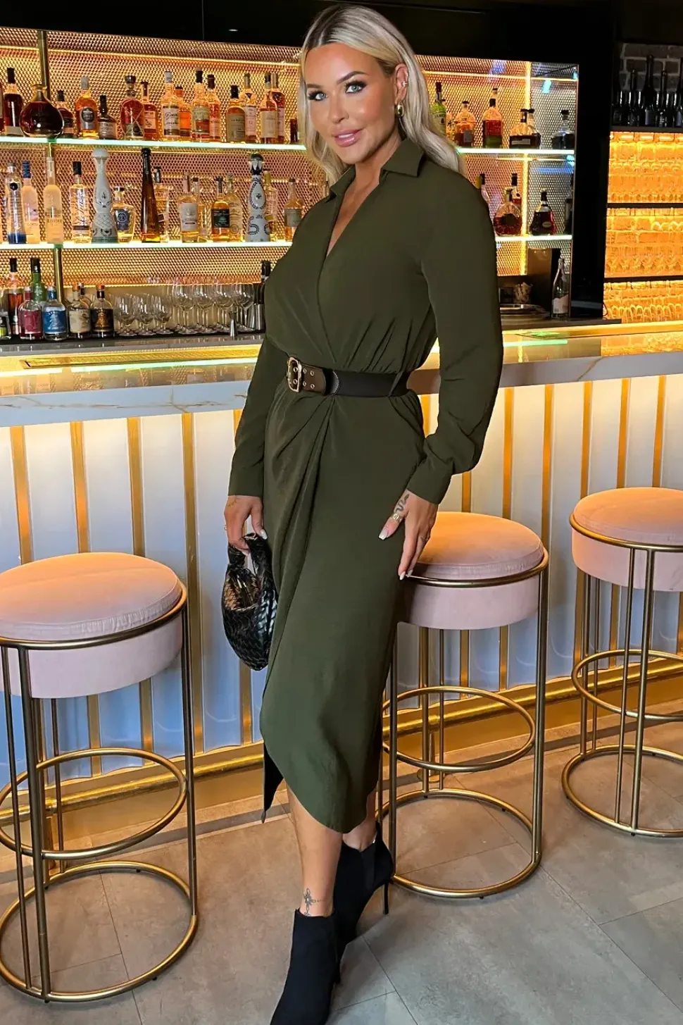 Long Sleeve Belted Wrap Midi Shirt Dress