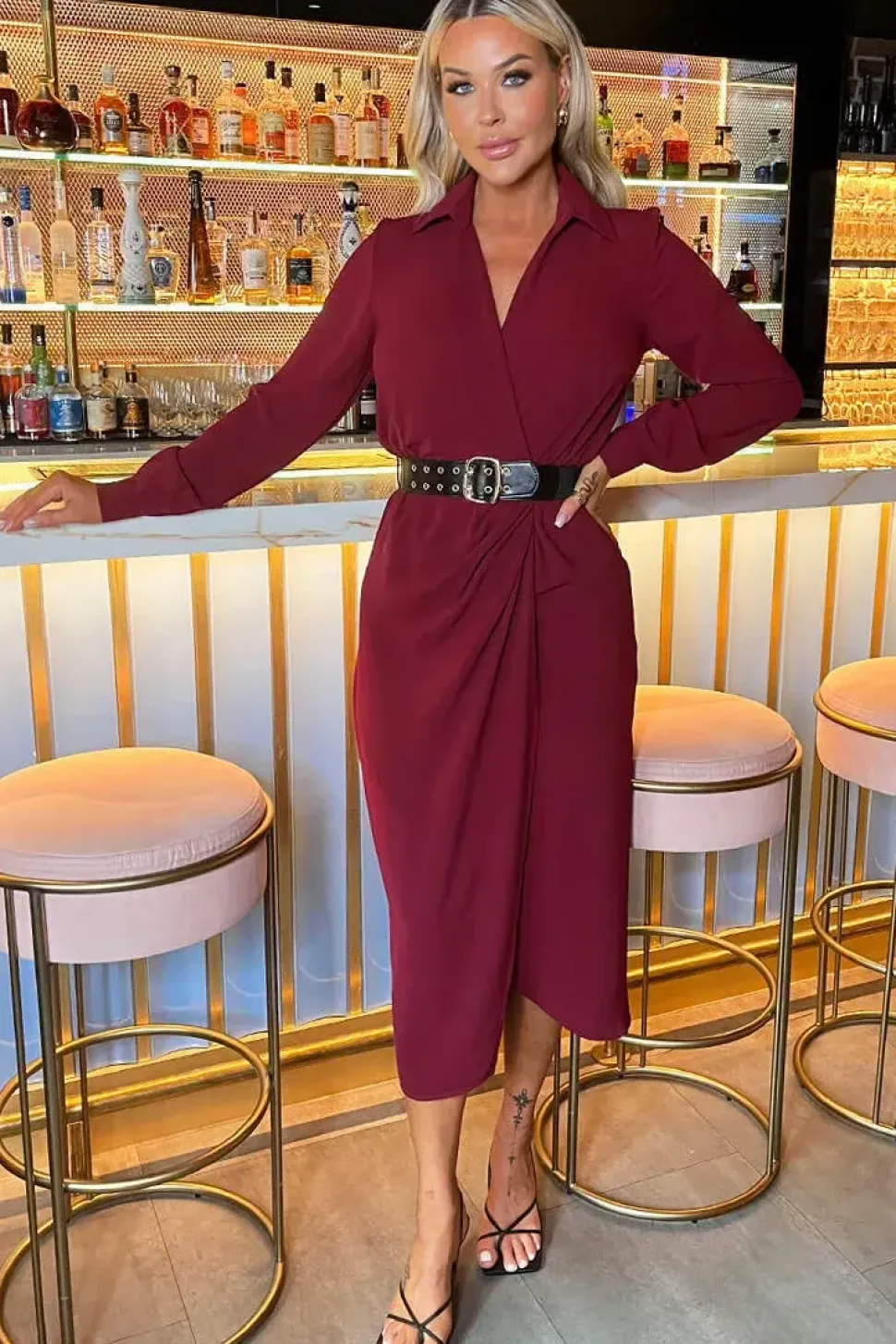 Long Sleeve Belted Wrap Midi Shirt Dress