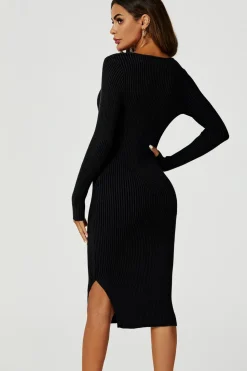 Long Sleeved Ribbed Knit Midi Dress In Black