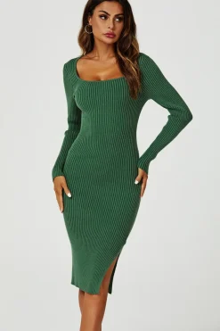 Long Sleeved Ribbed Knit Midi Dress In Dark Green