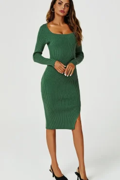 Long Sleeved Ribbed Knit Midi Dress In Dark Green