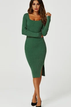 Long Sleeved Ribbed Knit Midi Dress In Dark Green