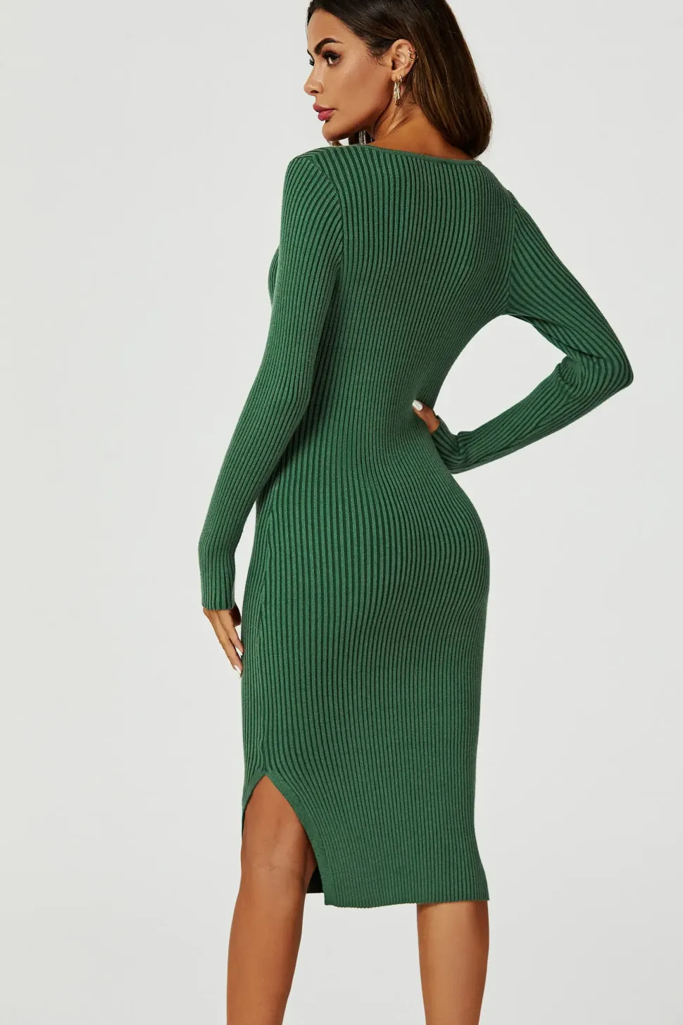Long Sleeved Ribbed Knit Midi Dress In Dark Green