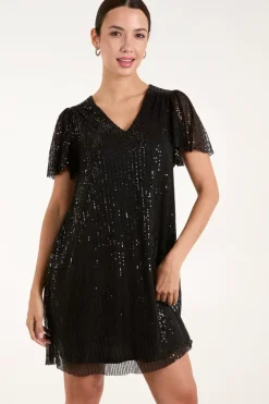 Long Sleeved Sequin Flutter Sleeve Dress