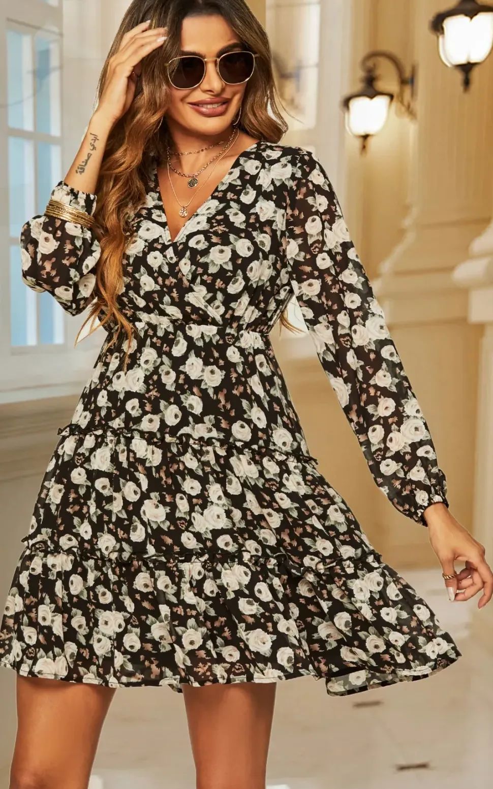 Long Sleeve Floral Layer Wrap Mini Dress In Black