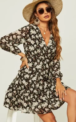 Long Sleeve Floral Layer Wrap Mini Dress In Black