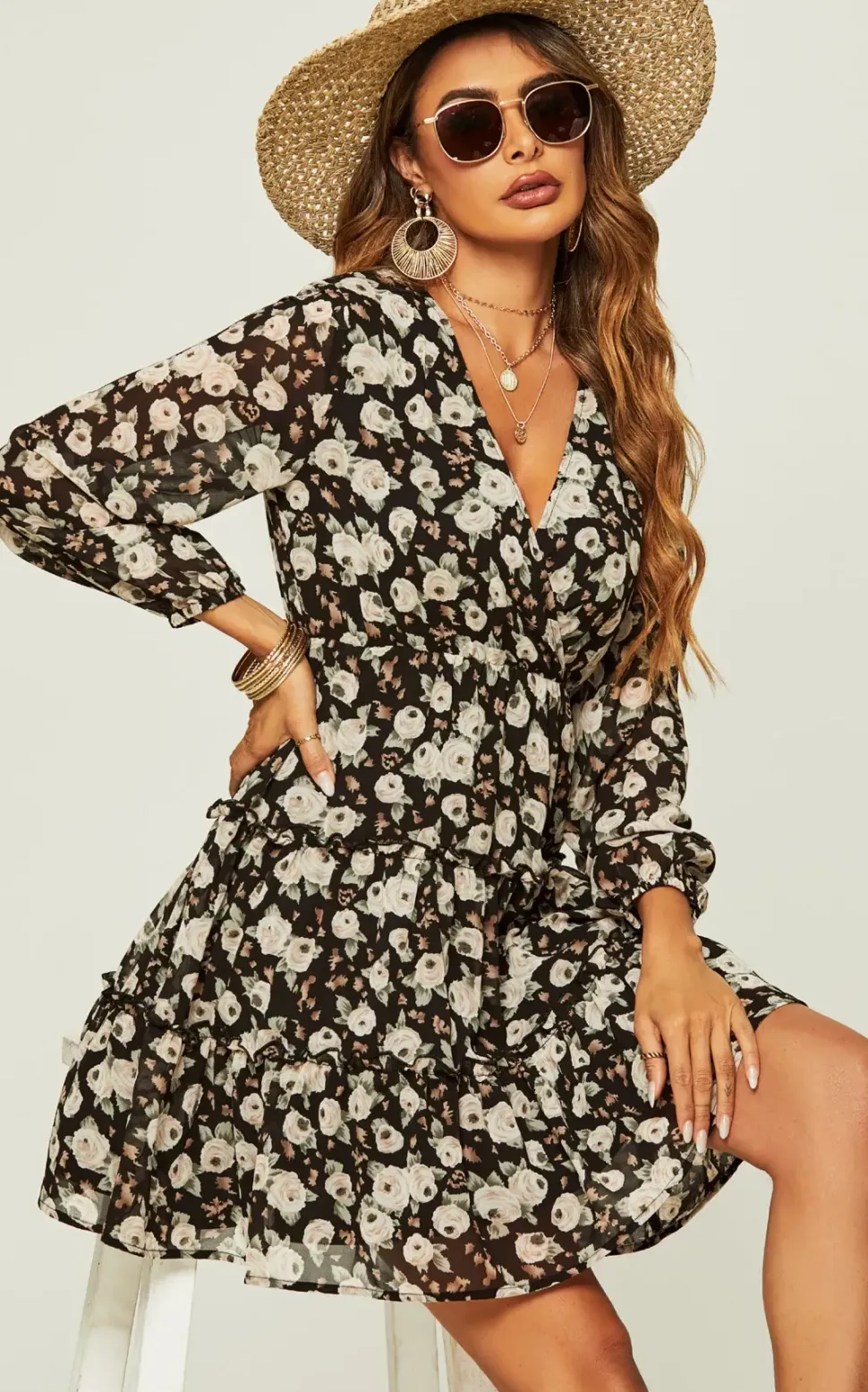 Long Sleeve Floral Layer Wrap Mini Dress In Black