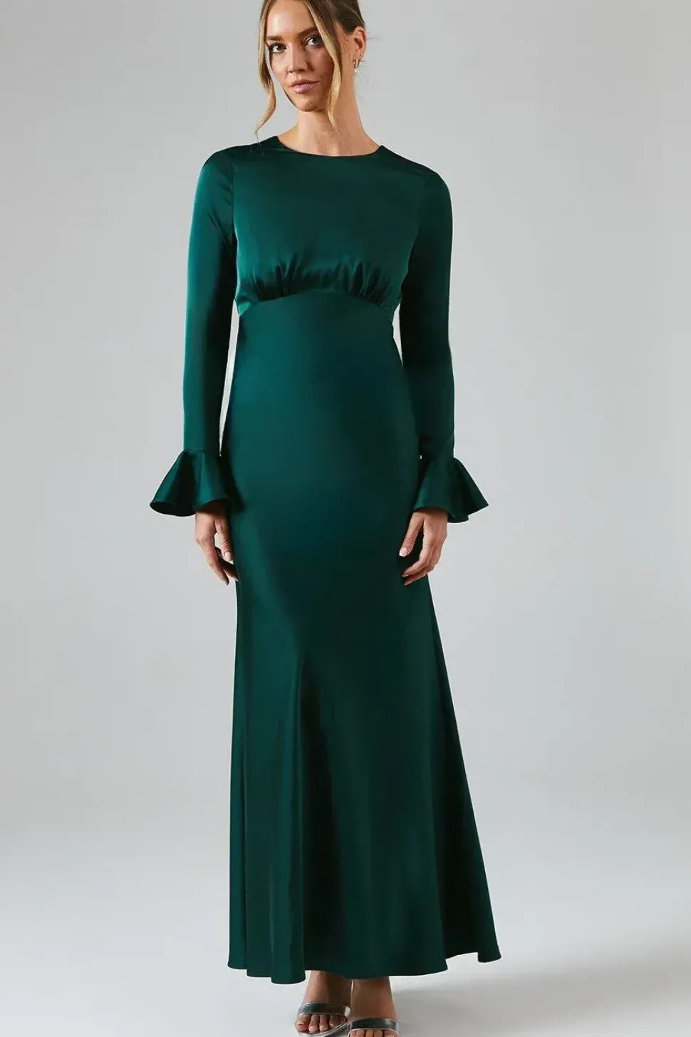 Long Sleeve Flute Hem Satin Bridesmaid Dress