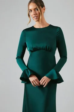 Long Sleeve Flute Hem Satin Bridesmaid Dress