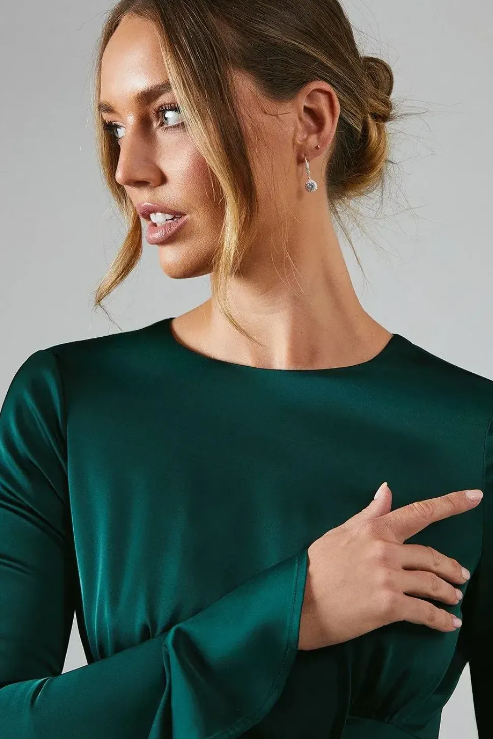 Long Sleeve Flute Hem Satin Bridesmaid Dress