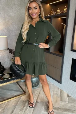 Long Sleeve Frill Hem Mini Shirt Dress