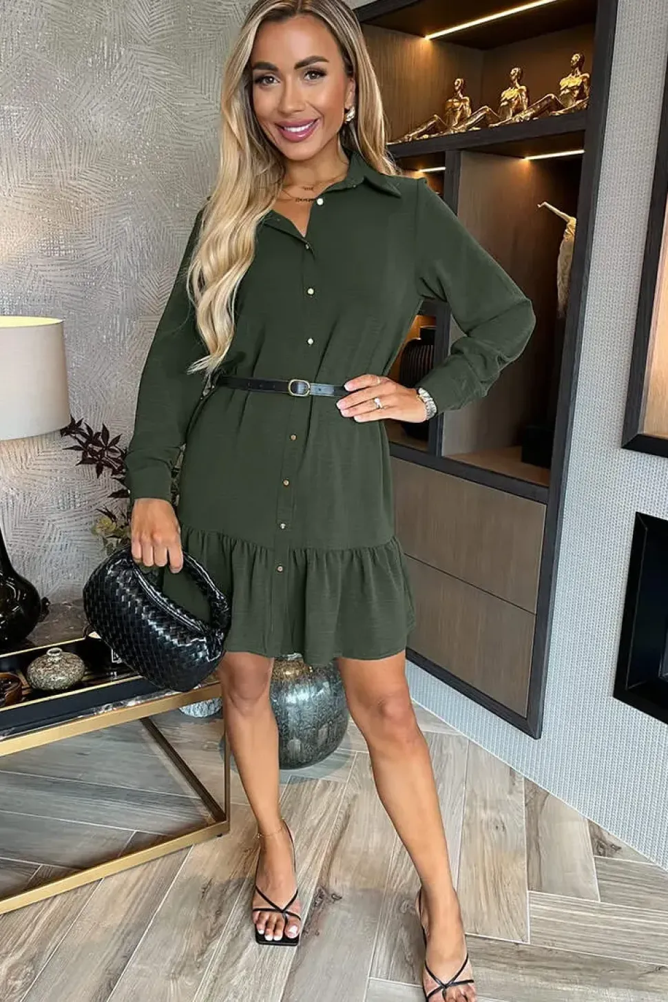 Long Sleeve Frill Hem Mini Shirt Dress