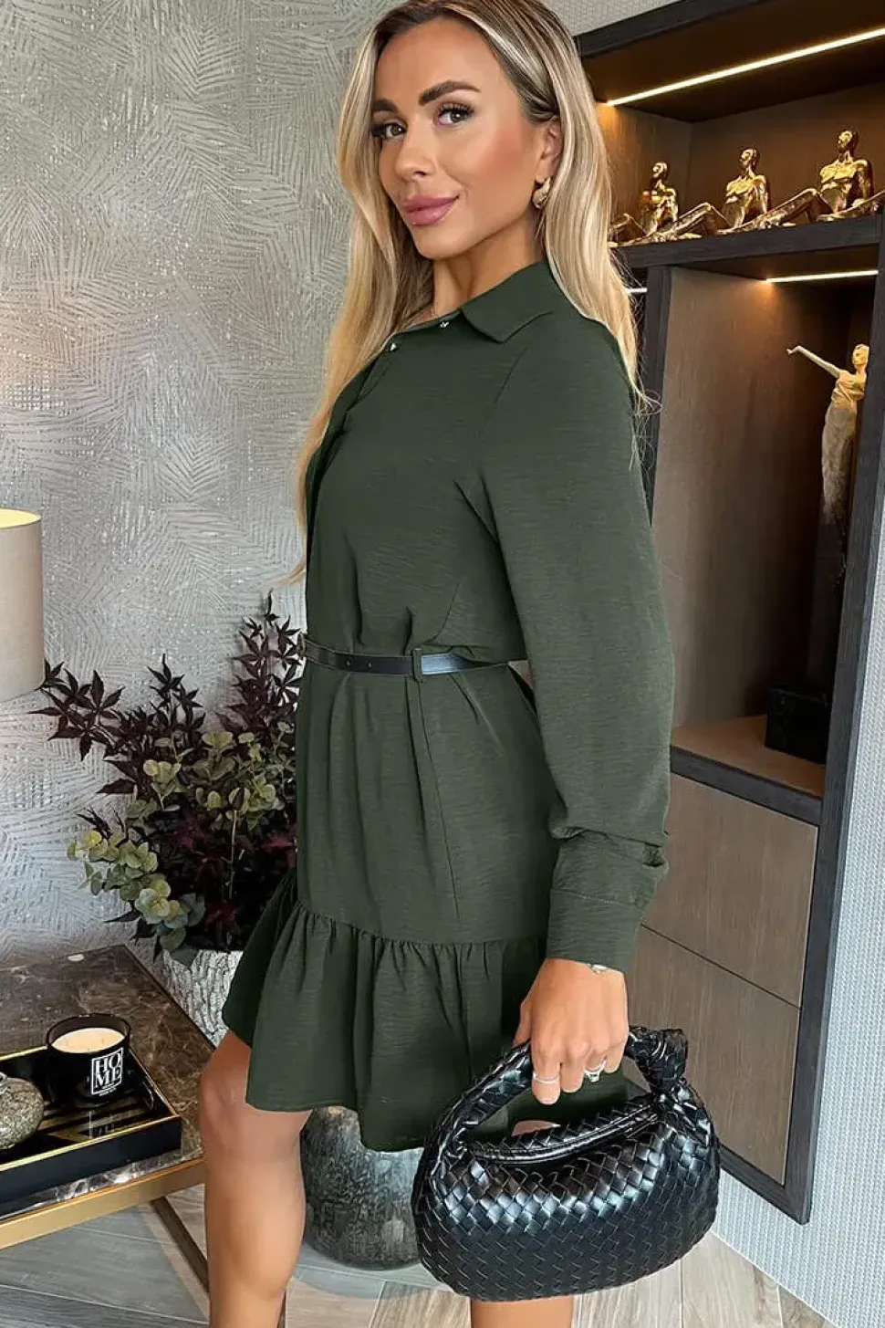 Long Sleeve Frill Hem Mini Shirt Dress