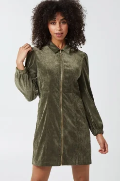 Long Sleeve Front Zip Cord Dress