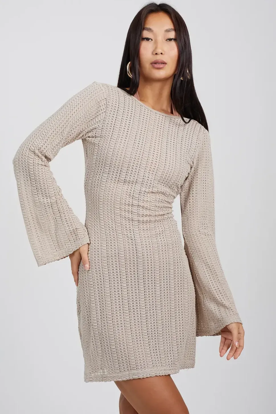 Long Sleeve Knitted Mesh Mini Dress