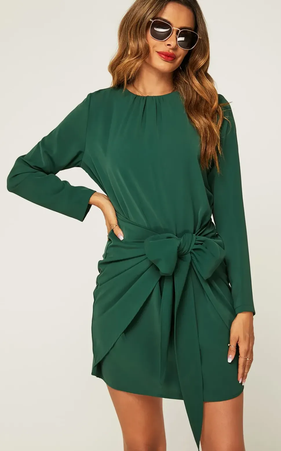 Long Sleeve Knot Tie Front Mini Dress In Green