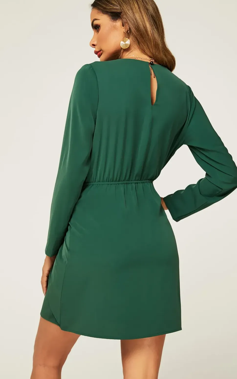 Long Sleeve Knot Tie Front Mini Dress In Green