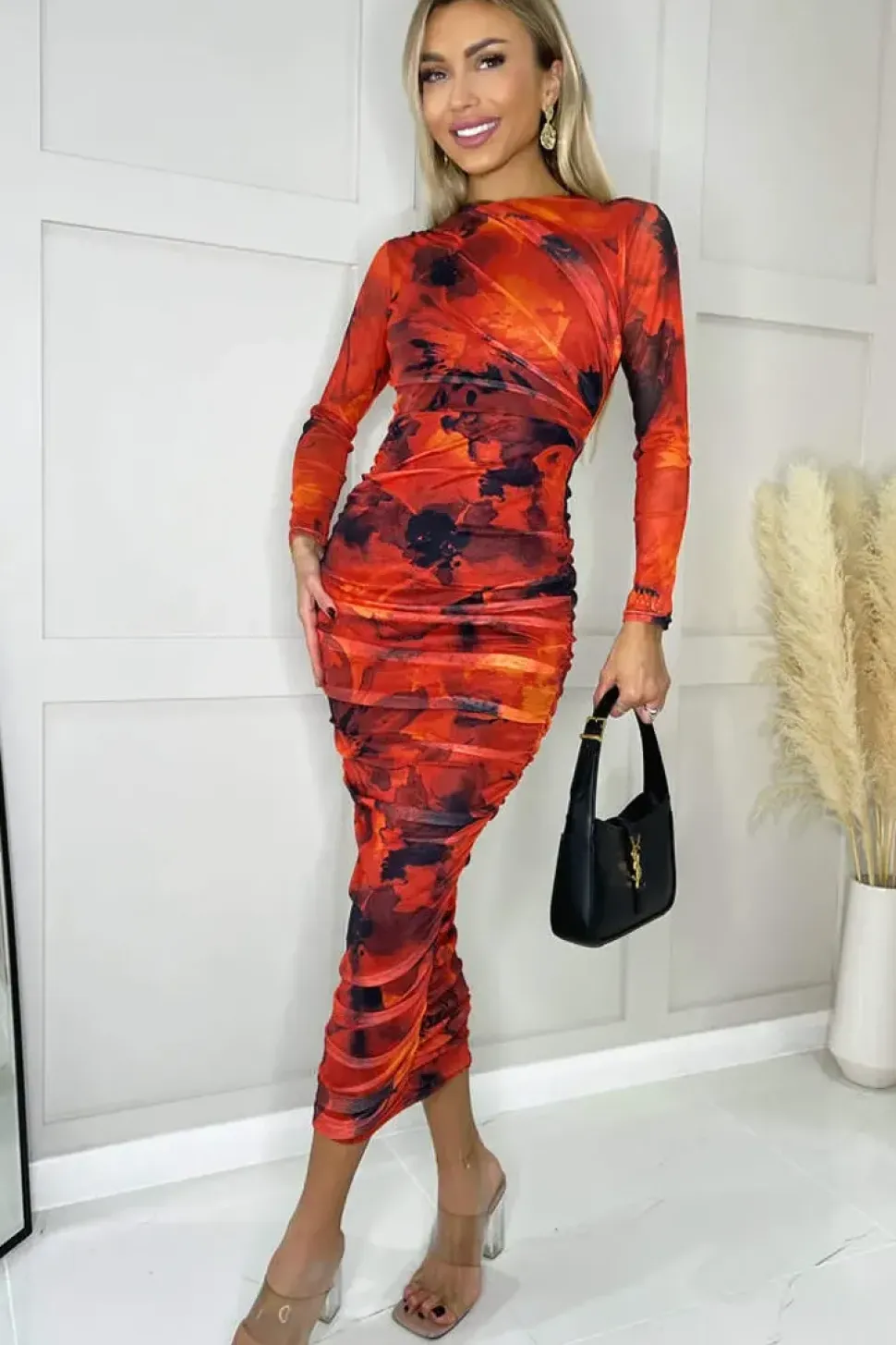 Long Sleeve Mesh Bodycon Midi Dress