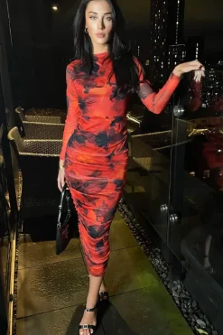 Long Sleeve Mesh Bodycon Midi Dress