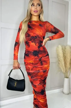 Long Sleeve Mesh Bodycon Midi Dress