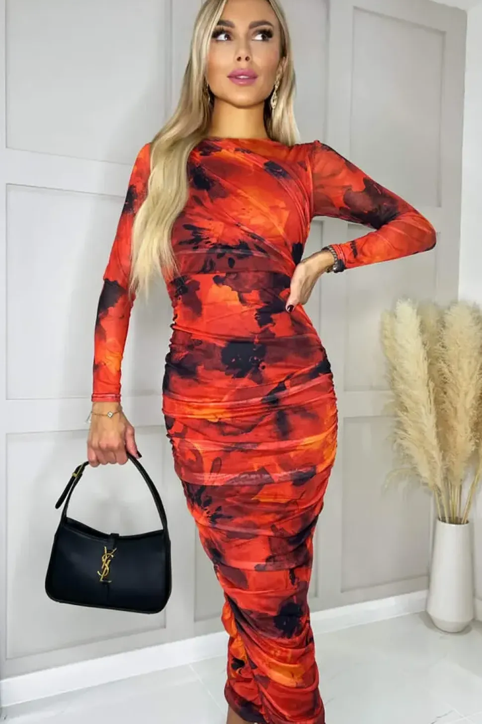 Long Sleeve Mesh Bodycon Midi Dress