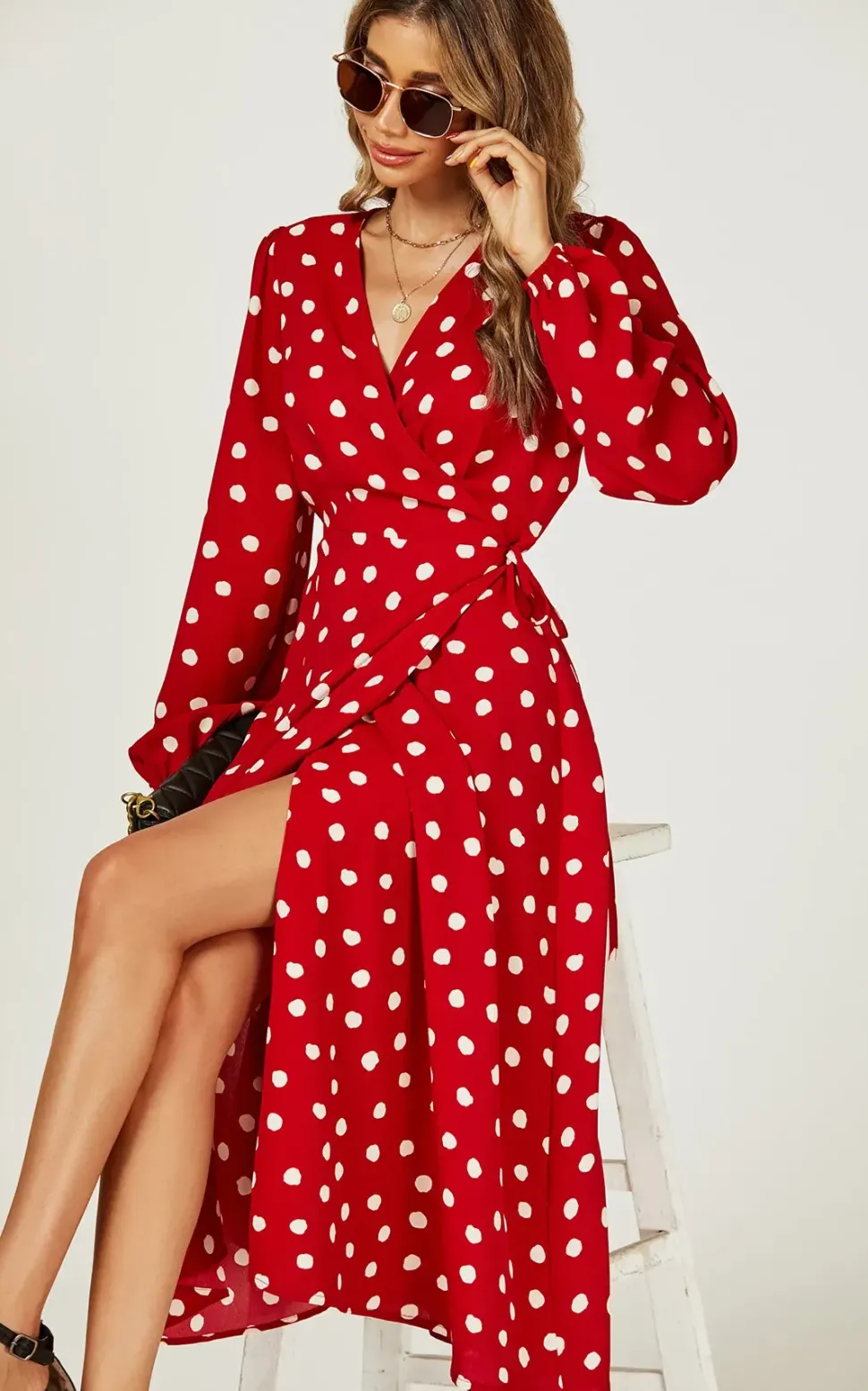 Long Sleeve Midi Wrap Dress In Red Dot Print