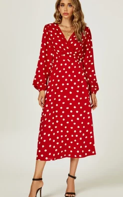 Long Sleeve Midi Wrap Dress In Red Dot Print