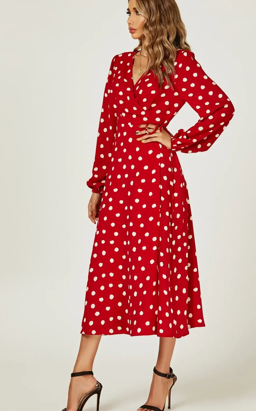 Long Sleeve Midi Wrap Dress In Red Dot Print