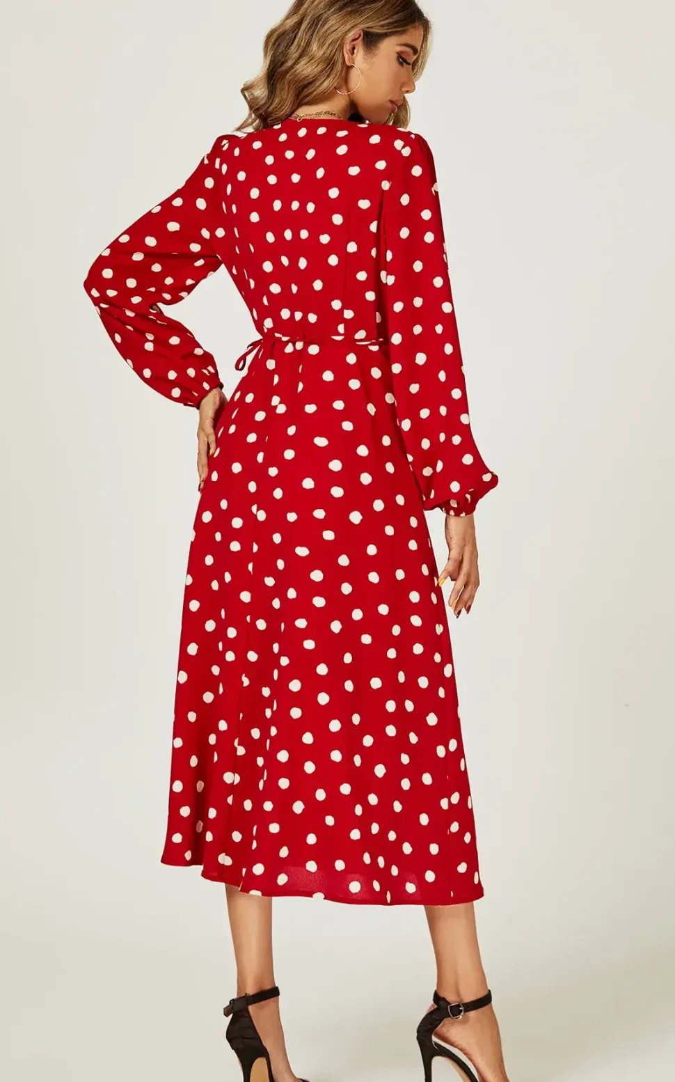 Long Sleeve Midi Wrap Dress In Red Dot Print
