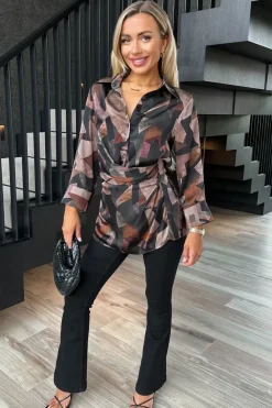 Long Sleeve Printed Gathered Waist Shirt Top