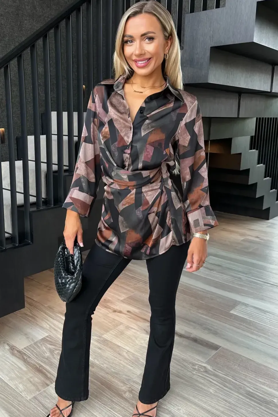 Long Sleeve Printed Gathered Waist Shirt Top