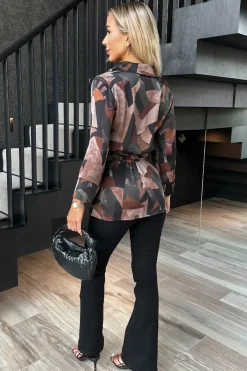 Long Sleeve Printed Gathered Waist Shirt Top