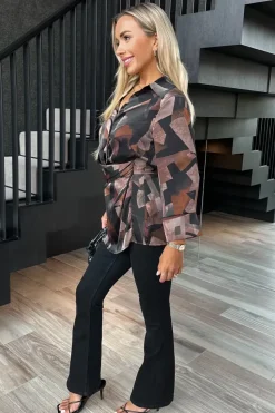 Long Sleeve Printed Gathered Waist Shirt Top