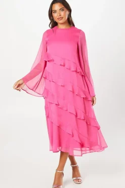 Long Sleeve Ruffle Chiffon Midi Wedding Guest Dress