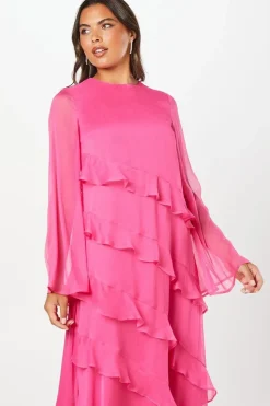 Long Sleeve Ruffle Chiffon Midi Wedding Guest Dress